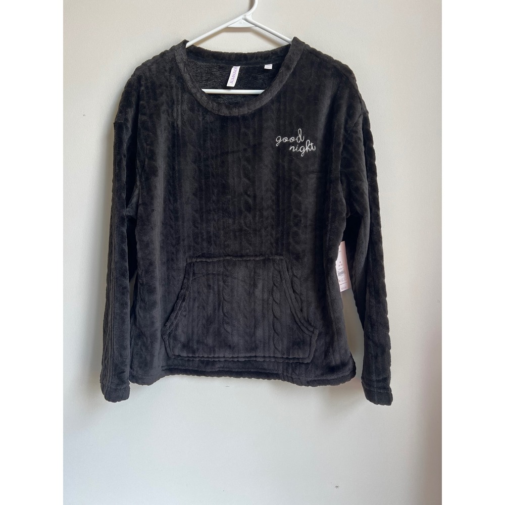 Joyspun Plush Sleep Top Good Night Embroidered LS‎ Black Pullover Cozy M. NWT